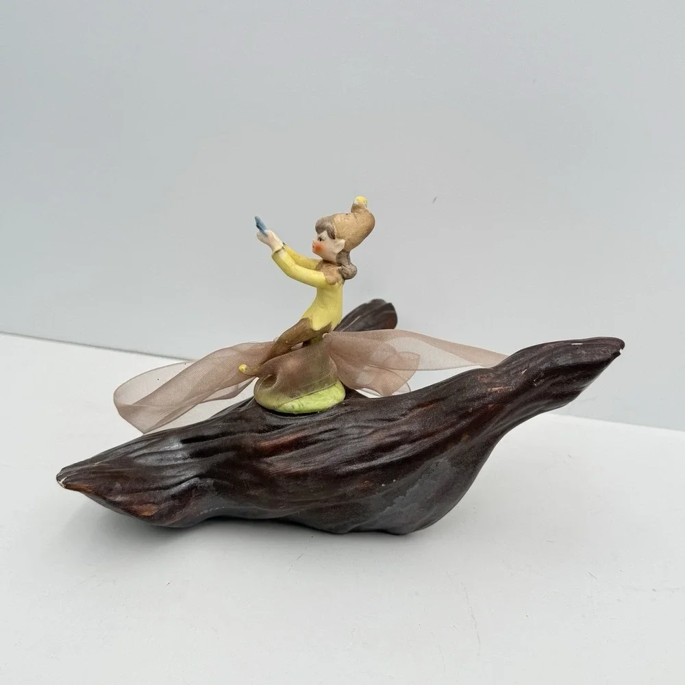 Vtg 50s Ceramic Girl Garden Pixie Elf On Log w/ Butterfly Kitschy Mid Century
